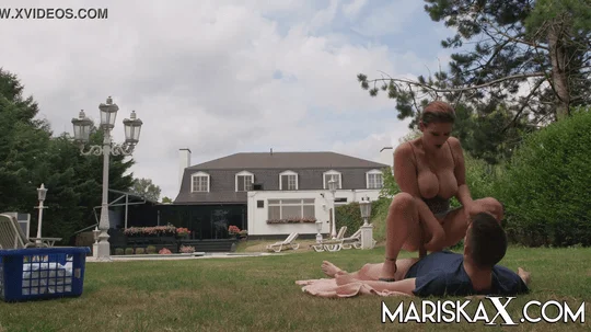 Busty blonde cougar lets a y  man pound her ass while outside