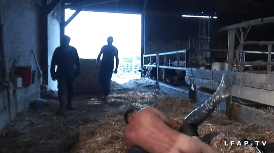 French mature gets her ass fucked hard by grandpa and his farm friends